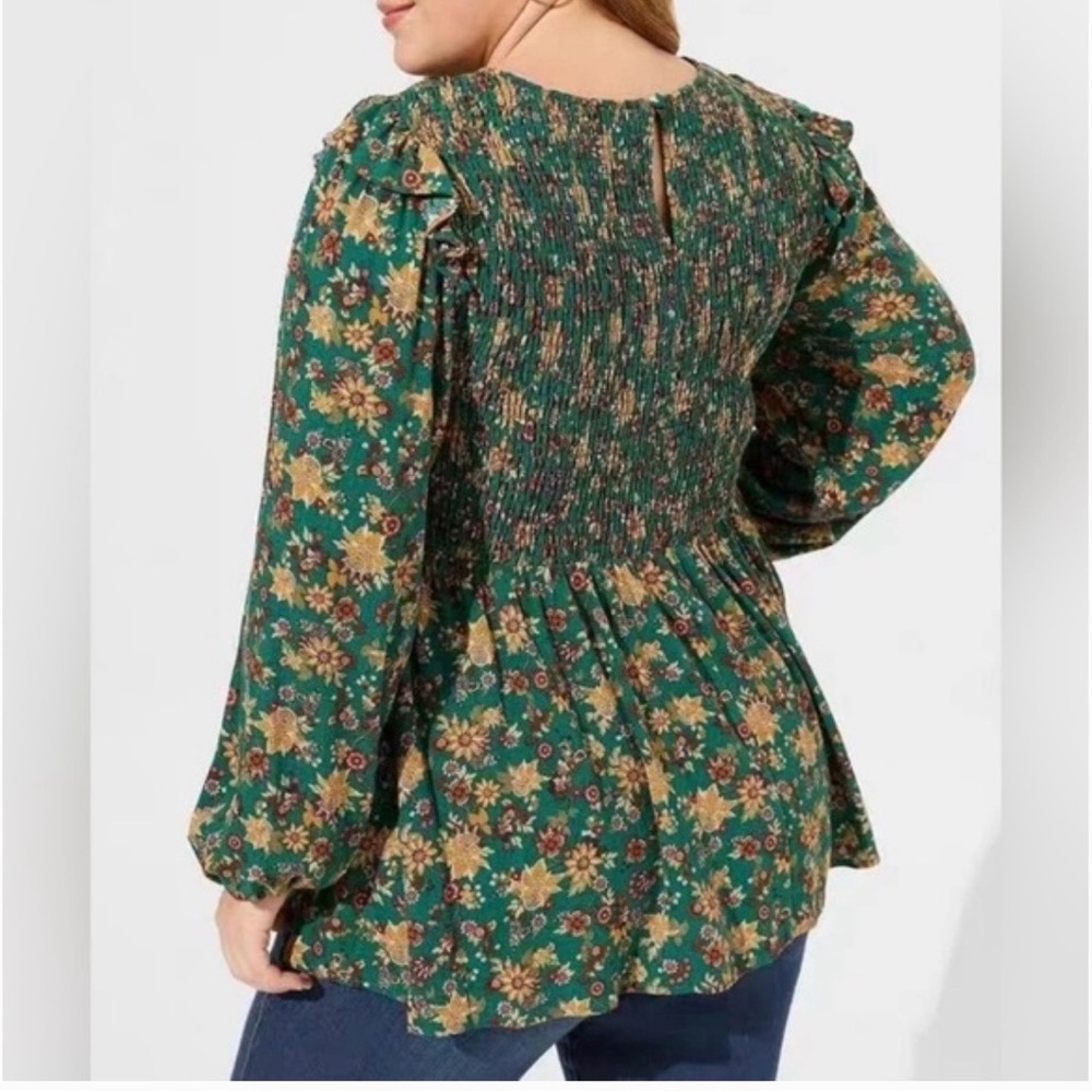 torrid Green Floral Smocked Peasant Blouse